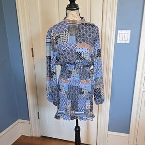 Alice Blue Patchwork Long Sleeve Dress - Blue and Black